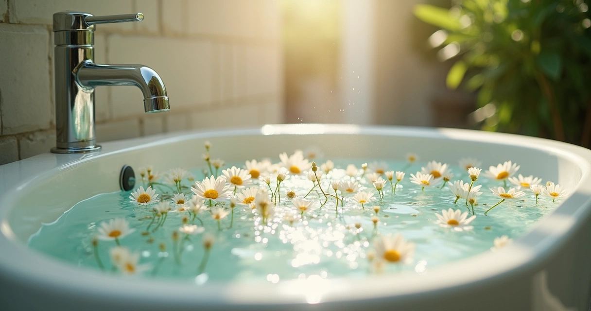 Flores de camomila frescas em uma tigela de água clara sobre toalha branca, ervas ao lado, luz natural suave 