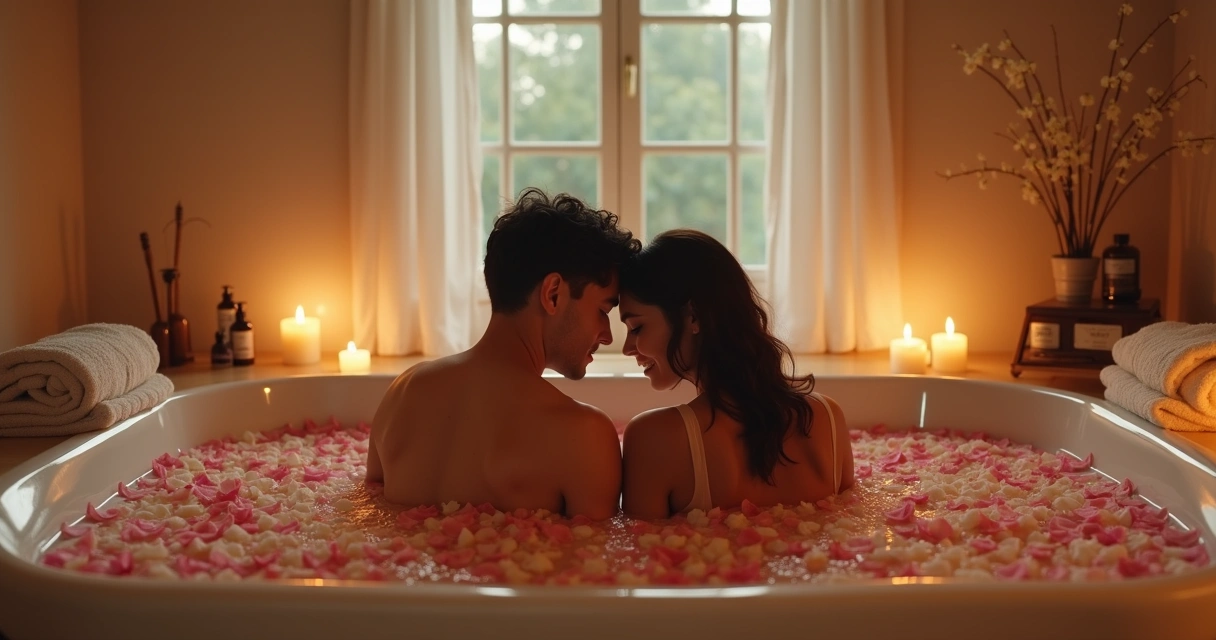 Casal em um banho de banheira com pétalas de rosa 