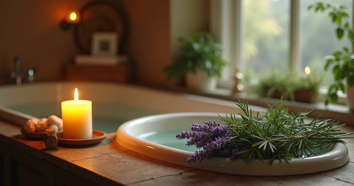 Ramos de ervas frescas e uma vela ao lado de uma banheira de água morna. 