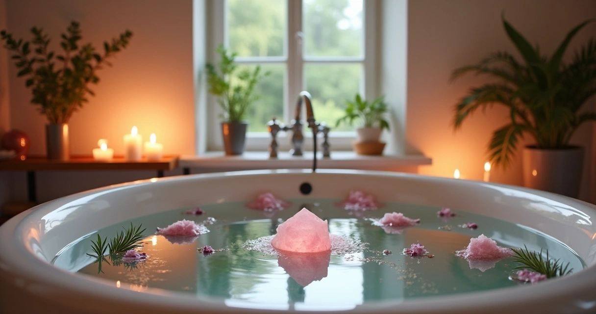 Banho relaxante com ervas, cristal rosa e velas iluminadas em um ambiente calmo e acolhedor.