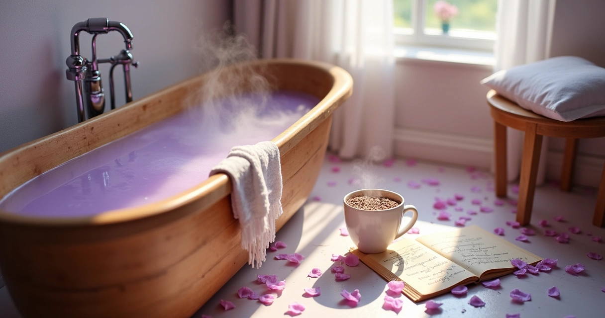 Banheiro relaxante com pétalas de flores, banho de amor e café com açúcar em um ambiente sereno.