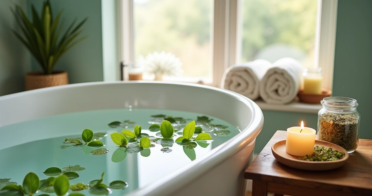 Interior de banheiro sereno com banheira, ervas como eucalipto e camomila, luz suave e decoração relaxante.