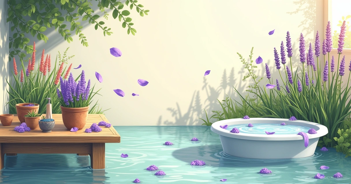Banheira com ervas e pétalas de lavanda, ambiente relaxante com mesa de madeira e luz suave.