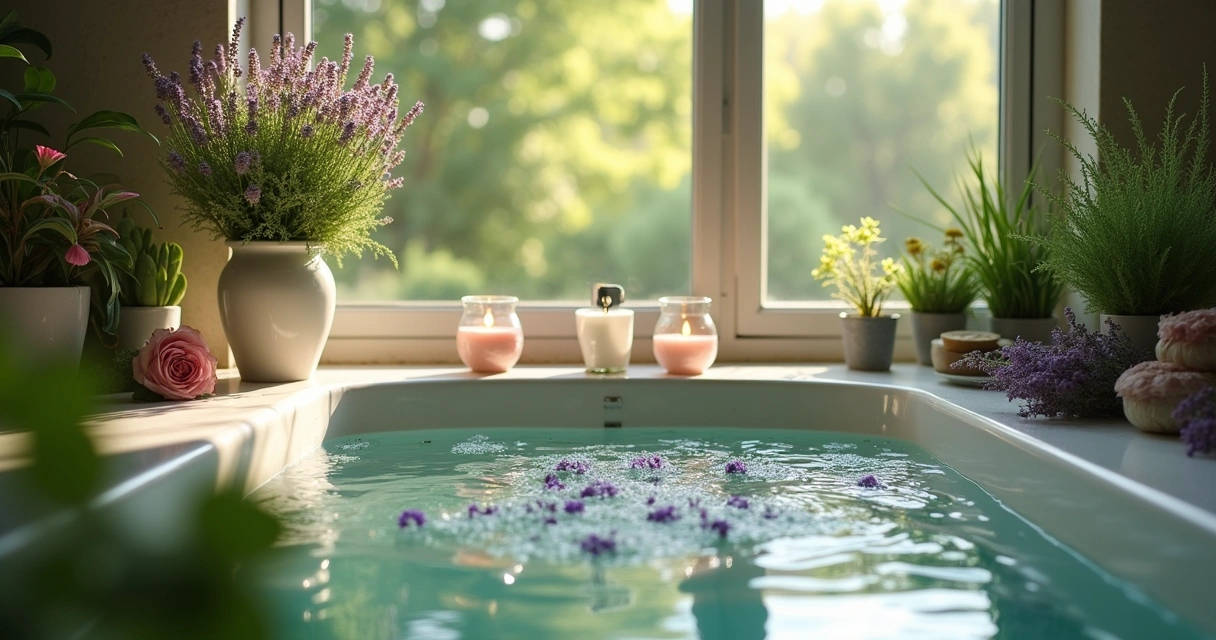 Banheira cheia de água morna com ervas relaxantes, plantas e ambiente iluminado por velas, transmitindo paz e autocuidado.