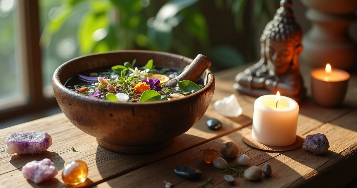Banho de ervas com cristais ao lado, vela acesa e elementos espirituais para limpeza energética 