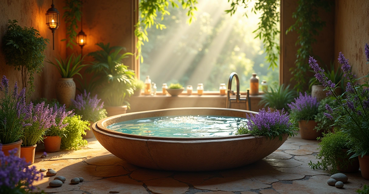 Banheira rústica com ervas flutuantes e velas em ambiente sereno e relaxante, com natureza ao fundo.