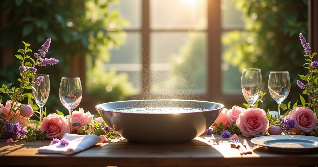 Mesa rústica com recipiente de cerâmica, ervas frescas e luz suave do amanhecer, simbolizando intenção.