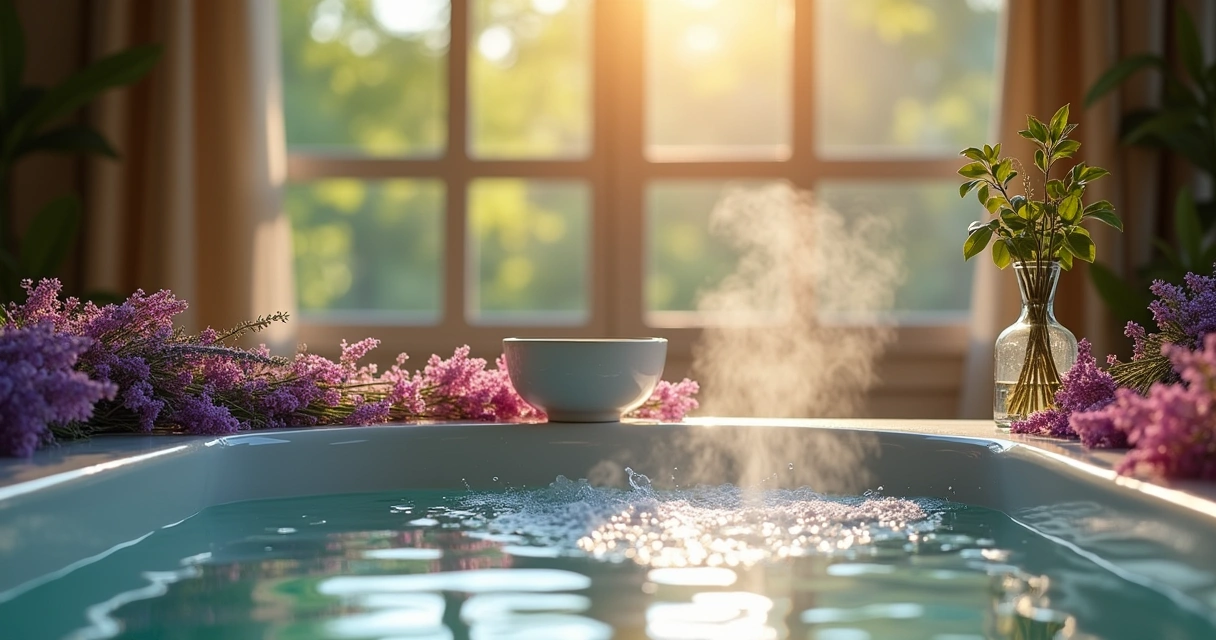 Banheiro calmo com banheira cheia de água morna e ervas como rosa, canela e lavanda ao redor.