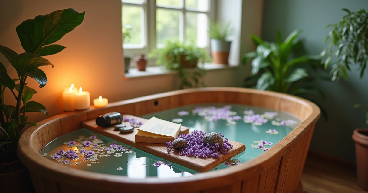Banheira de madeira com ervas flutuantes em um ambiente relaxante, iluminada por velas suaves.
