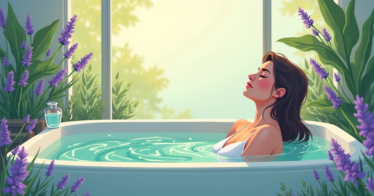 Pessoa relaxando em uma banheira com ervas como lavanda e camomila, cercada por velas e plantas.