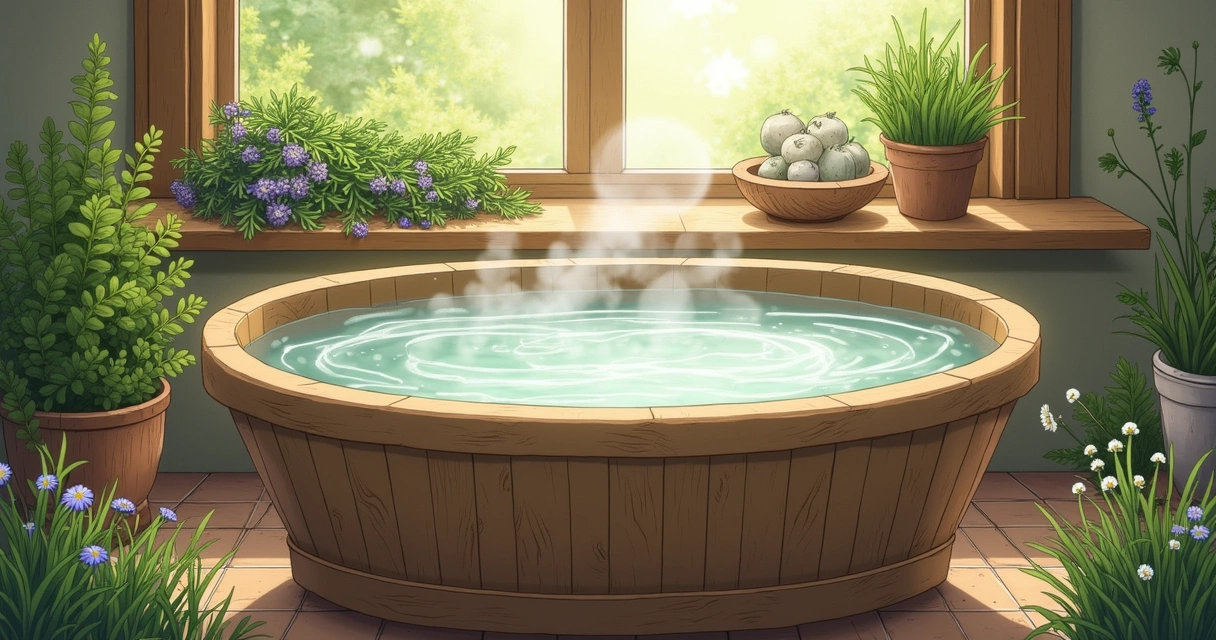 Ilustração de banheiro sereno com banho de ervas, com ervas frescas e atmosfera tranquila.