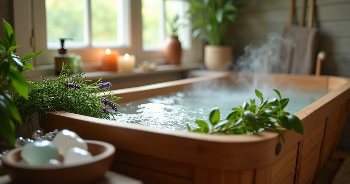 Banheiro tranquilo com banheira de madeira, ervas frescas e luz suave, criando uma atmosfera de relaxamento e purificação.