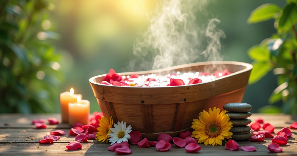 Banho de flores com pétalas de rosas, jasmim e girassóis em uma banheira de madeira sob luz suave.