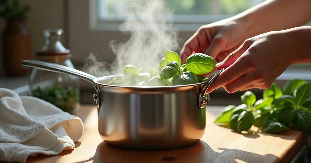 Banho energético de folhas de manjericão sendo preparado em panela