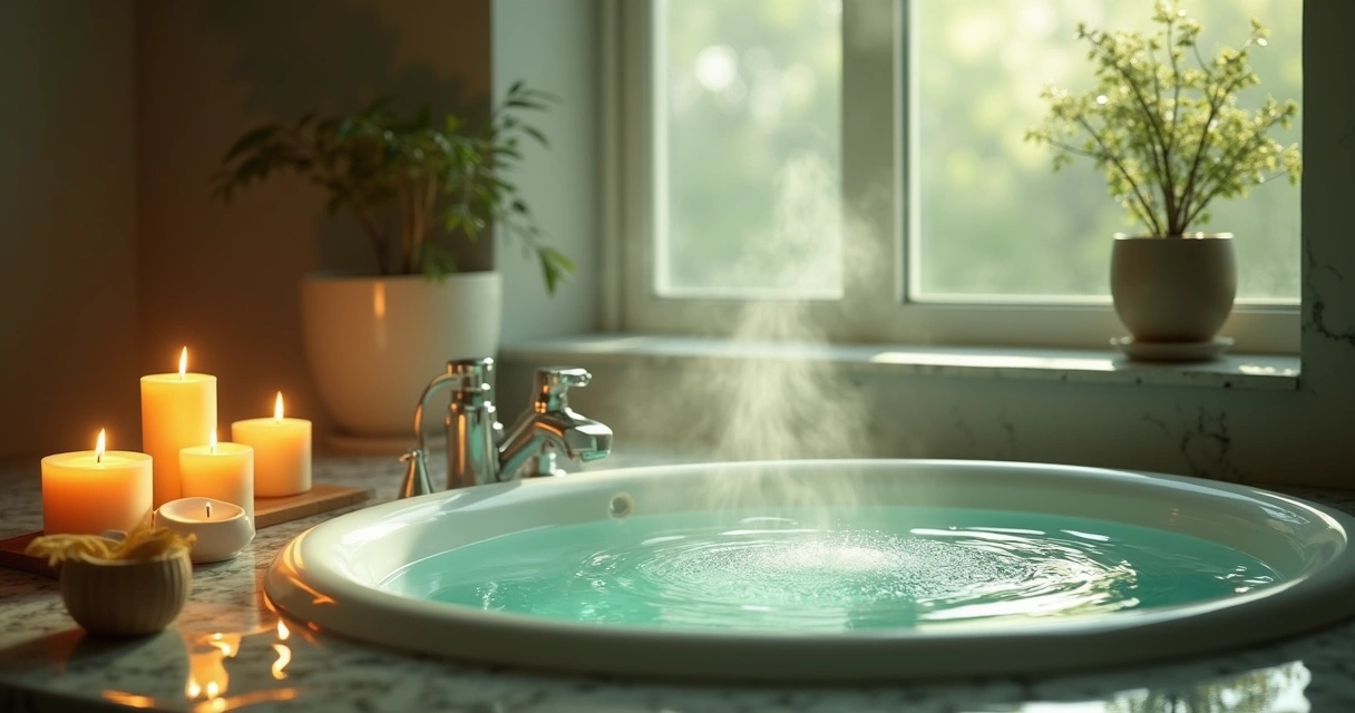 Banheiro decorado com velas, manjericão e óleos essenciais, criando um ambiente para banho de prosperidade.