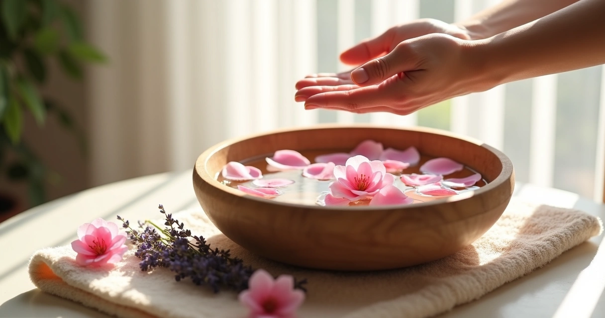 Banho com pétalas de rosas e lavanda em uma bacia 
