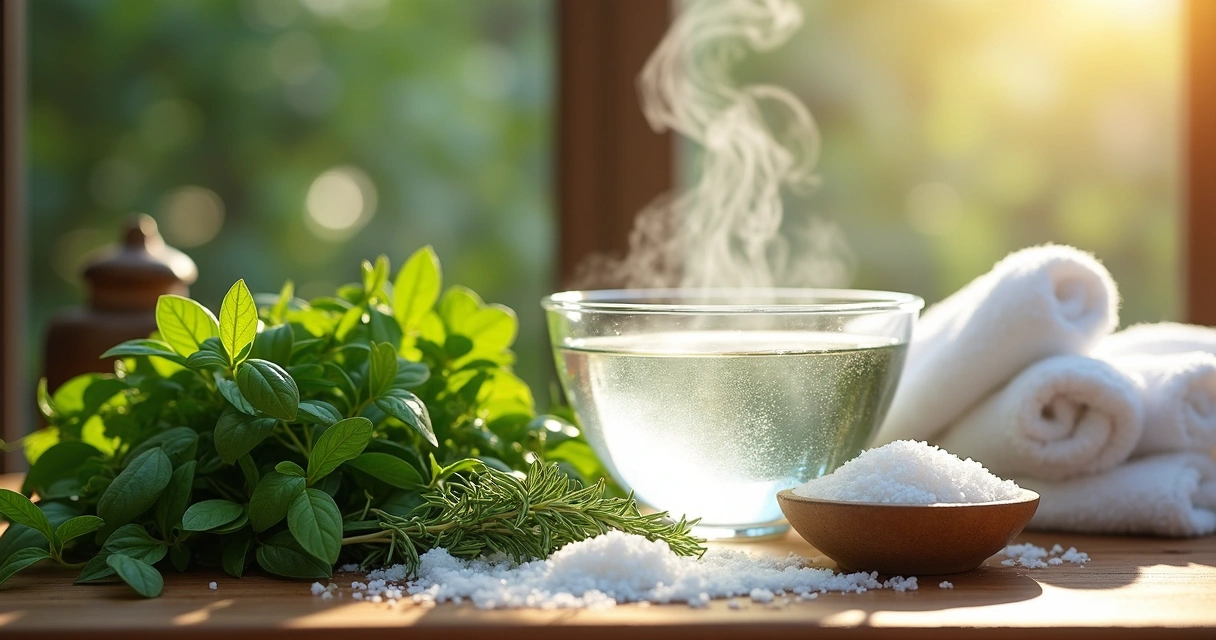 Ervas frescas e água morna em um recipiente para preparo de banho de desapego 