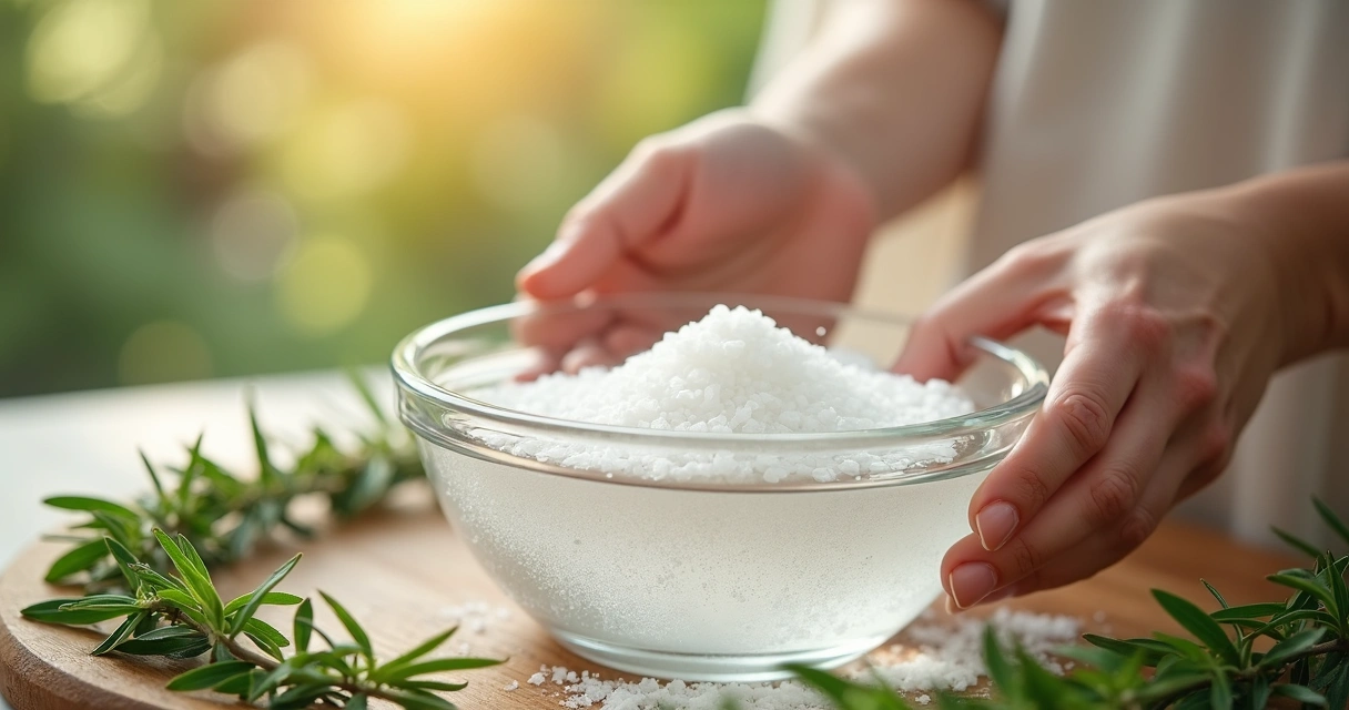Banho energético de descarrego com sal grosso, mãos femininas e folhas verdes 