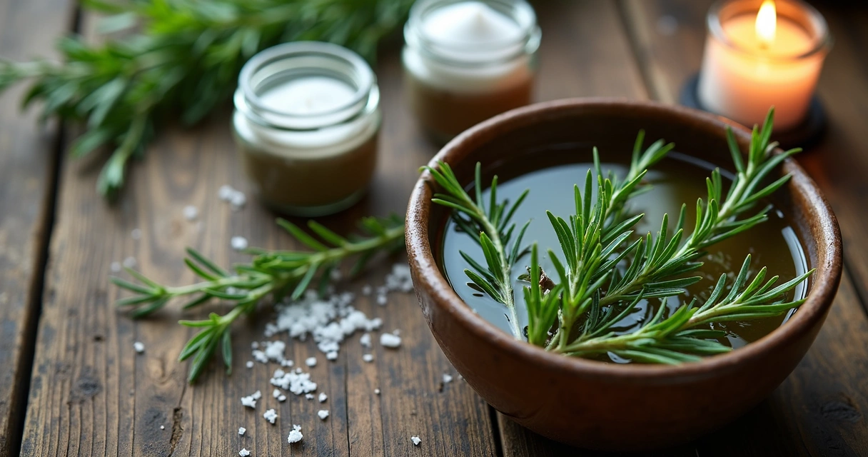 Ervas naturais e água em recipiente para banho de descarrego 