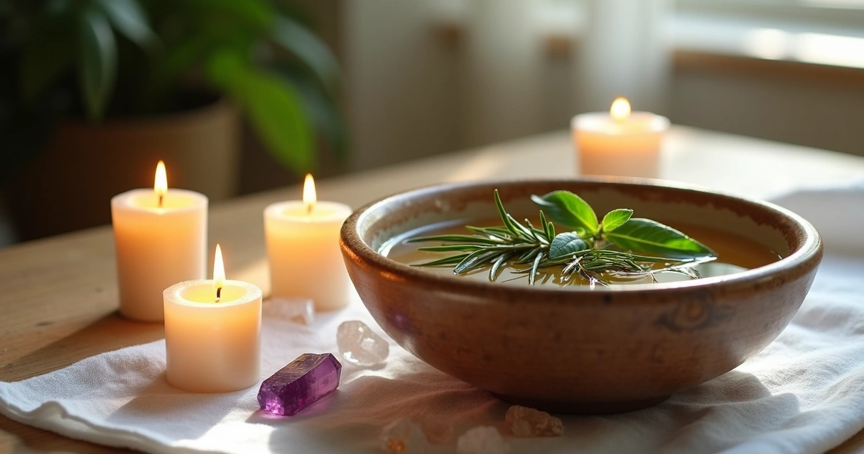 Ritual de banho de descarrego com ervas em uma bacia de cerâmica, velas acesas ao redor e cristais sobre tecido branco 