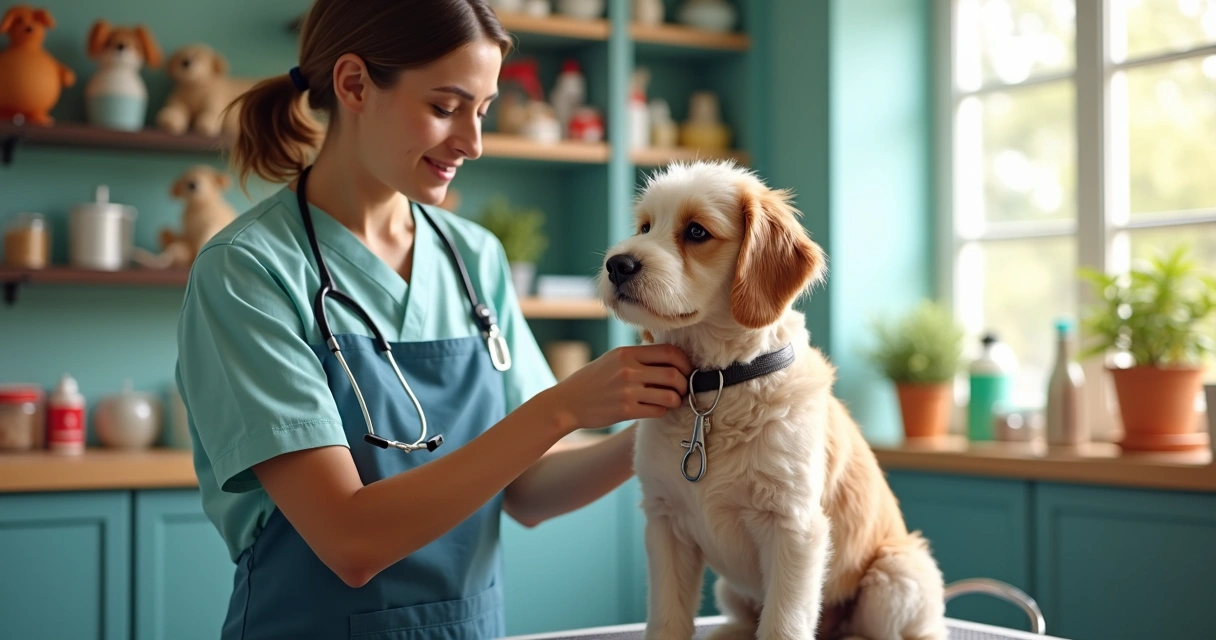 Profissional tosando cachorro em pet shop com ambiente limpo e organizado 