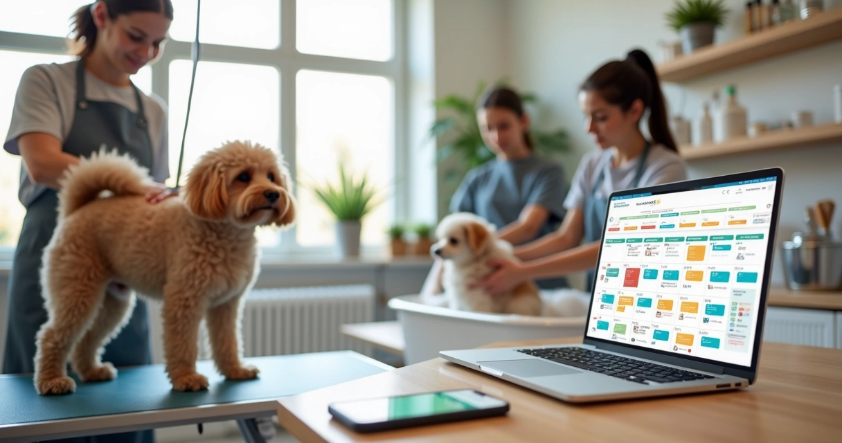 Sala de banho e tosa moderna com equipe atendendo cachorro e agenda digital aberta no notebook 