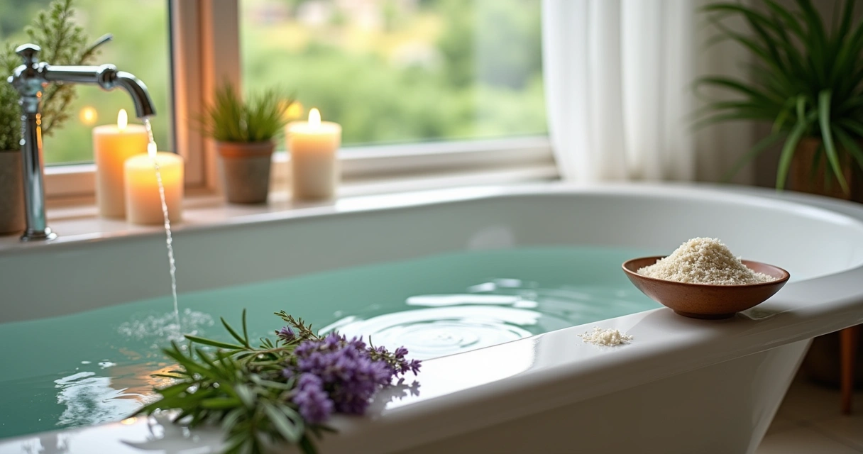 Banheira com ervas de alecrim e lavanda, luz natural entrando, ambiente relaxante e tranquilidade.