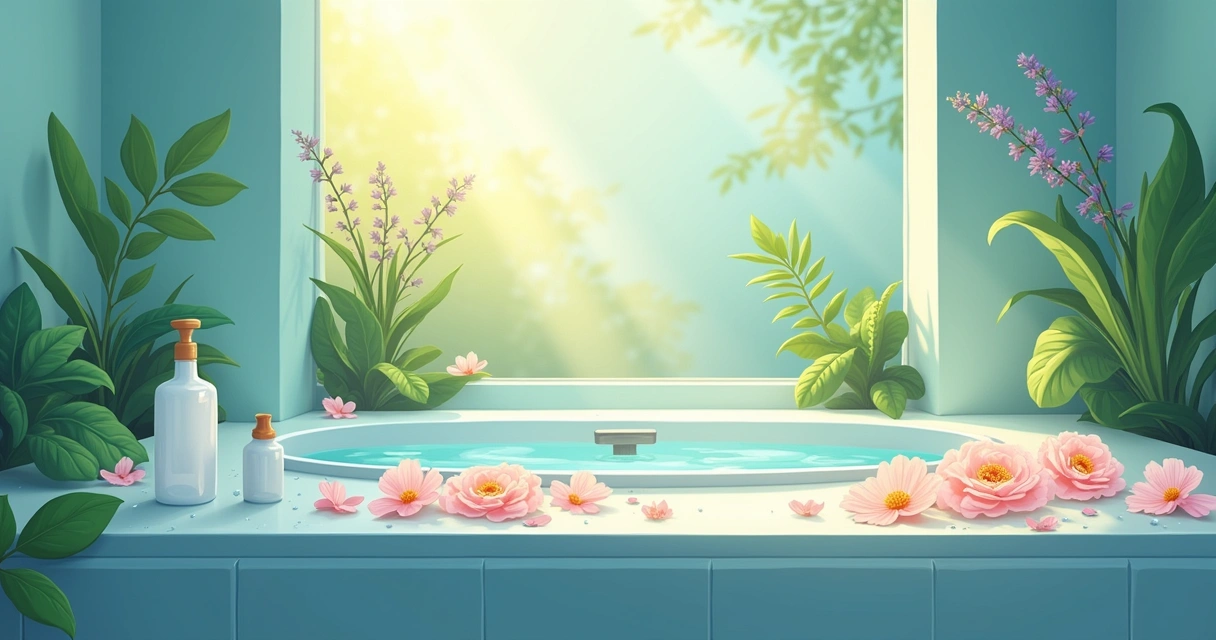 Banheiro tranquilo com balde, sal grosso, pétalas de rosa e ervas frescas para banhos energéticos.