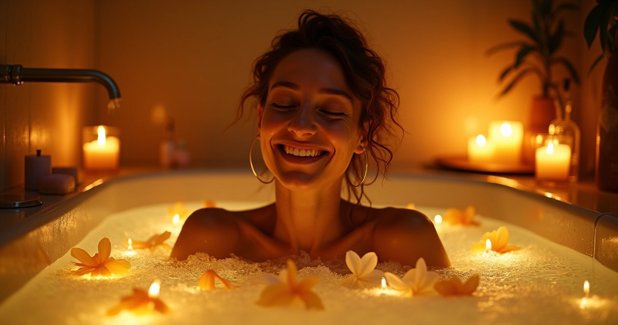 Banheiro com luz de velas e banheira cheia de flores e ervas para banhos energéticos.