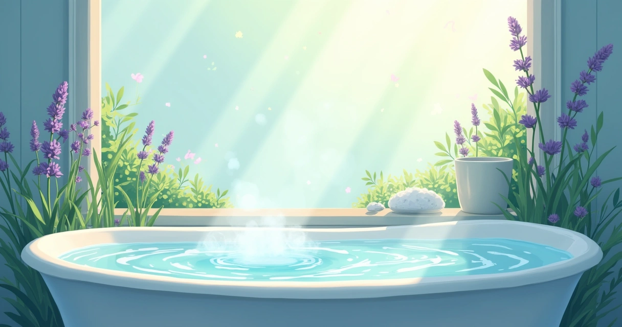Banheira com ervas frescas e sal grosso, representando banhos energéticos que promovem relaxamento e limpeza espiritual.