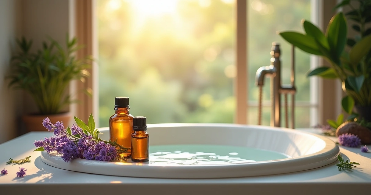 Banheira cheia de ervas com velas e óleos essenciais em ambiente relaxante e tranquilo.