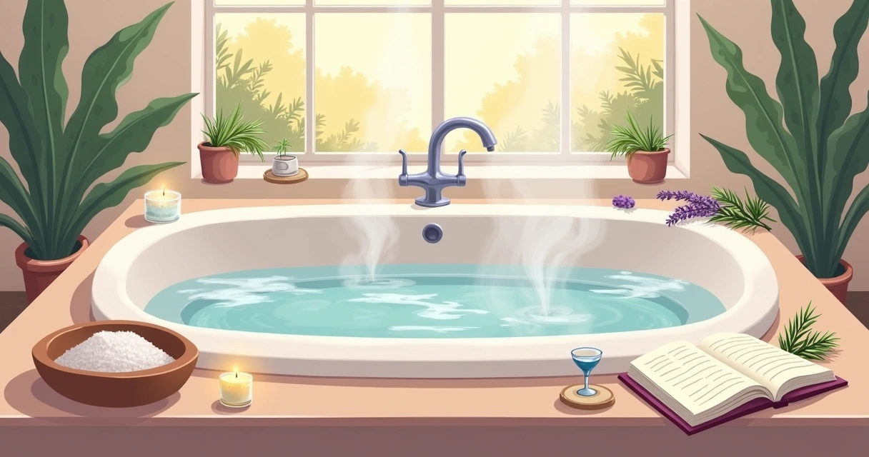 Banheiro sereno com banheira, ervas, sal grosso e velas, criando ambiente relaxante e energético.