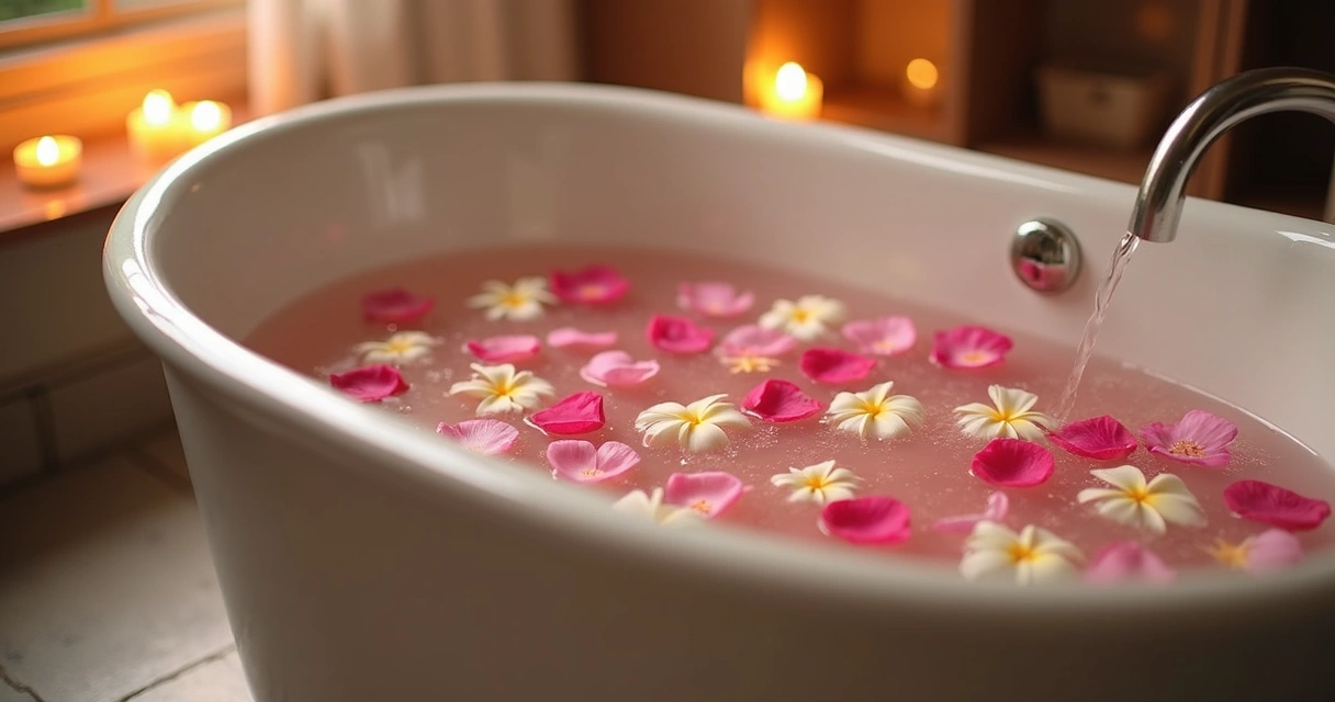 Banho energético com flores coloridas flutuando na água e velas ao redor 