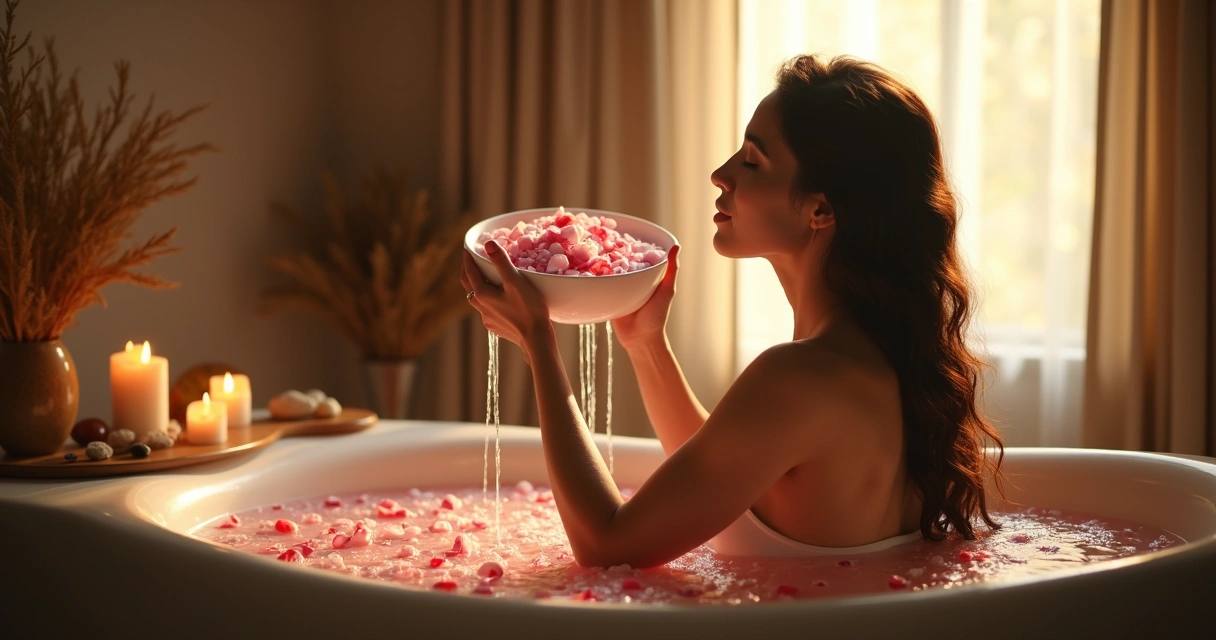 Ritual de banho energético com pétalas rosas em ambiente de paz 