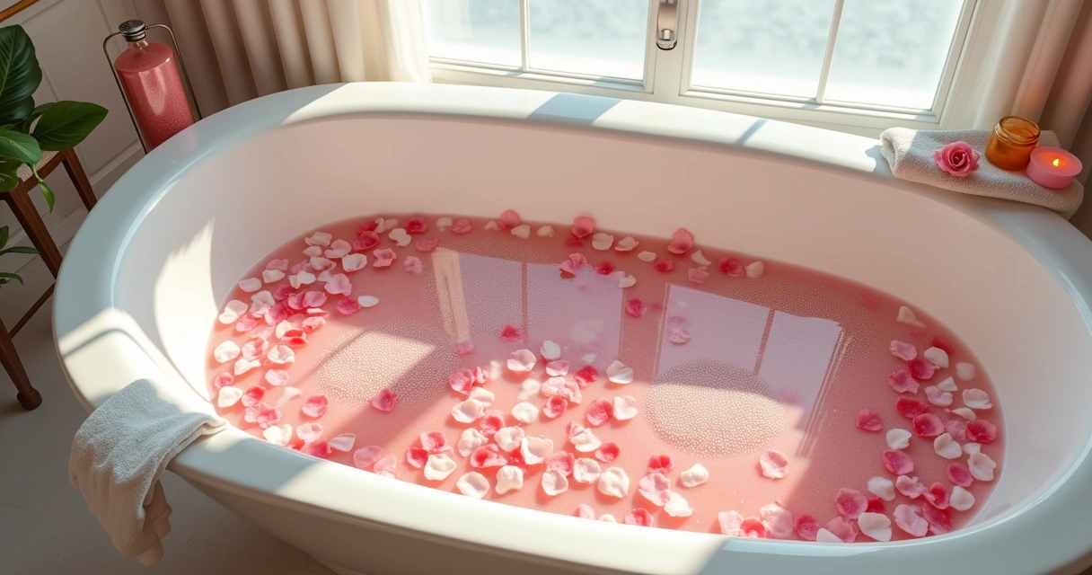 Banheira branca com pétalas de rosas e sal grosso 