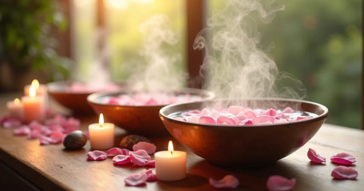 Rituais de banho energético com velas, flores e cristais 