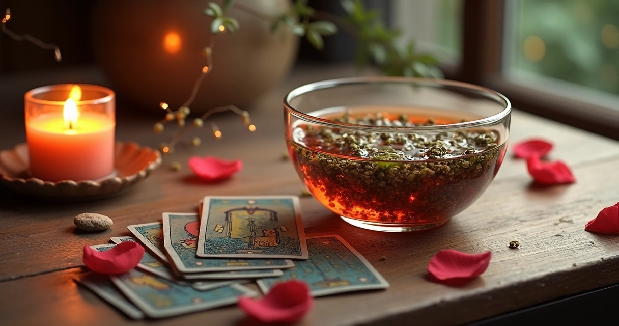 Banho energético com ervas em recipiente de vidro junto a vela acesa em mesa de madeira 