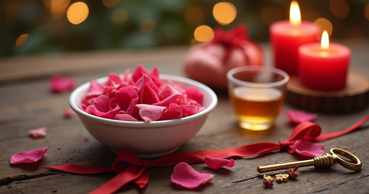 Ingredientes para banho energético com rosas, fita vermelha e uma vela ao lado 