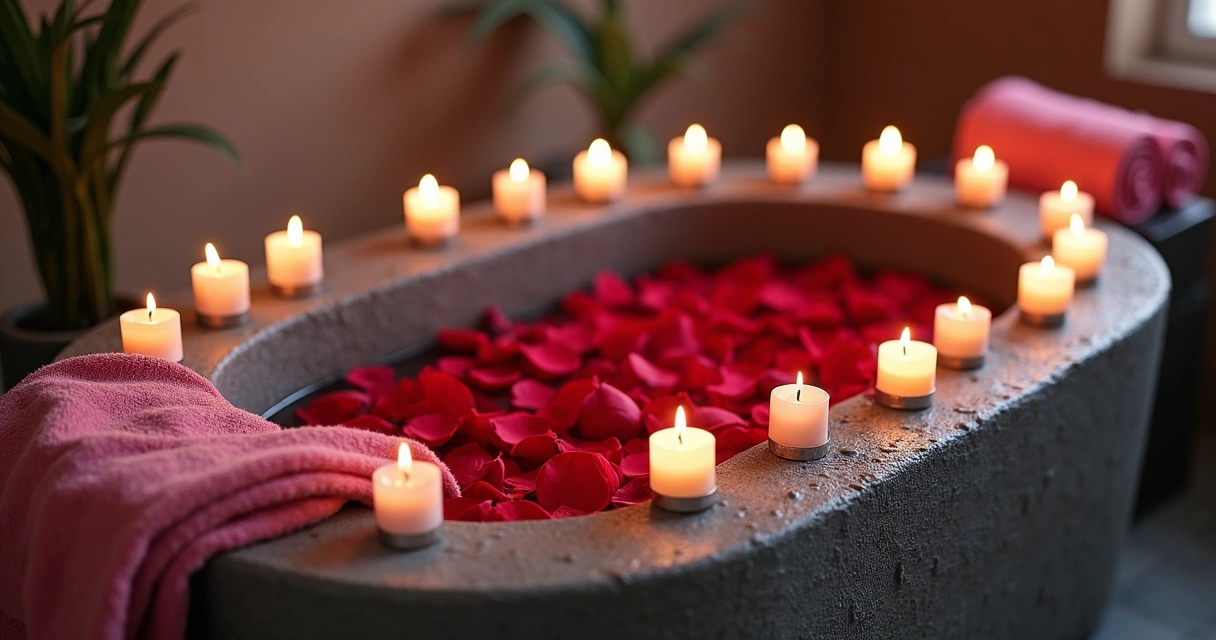 Banho energético com pétalas de rosa vermelha, velas acesas e cristais próximos 