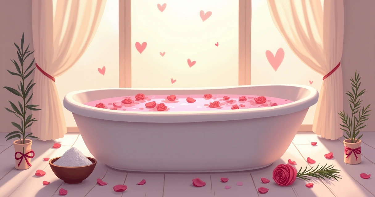 Banheira com água rosa, pétalas de rosa e ervas ao redor, criando um ambiente sereno de banho energético.