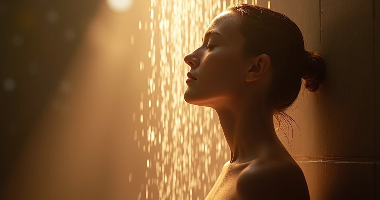 Pessoa de olhos fechados sob uma luz suave tomando banho energético
