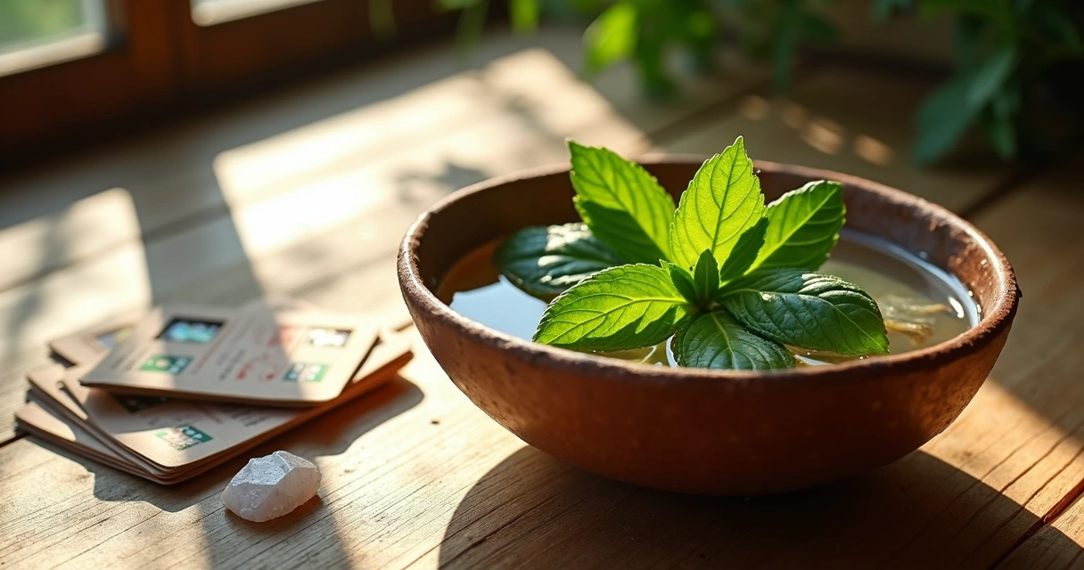 Banho energético com ervas frescas em uma tigela de barro 
