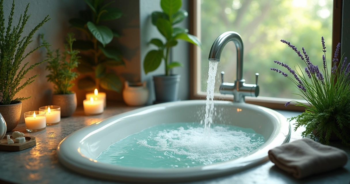 Banheiro tranquilo com banheira cheia de ervas, velas e luz natural, transmitindo bem-estar e relaxamento.