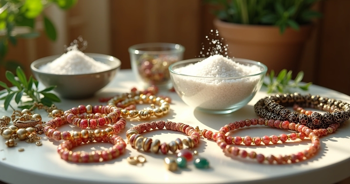 Diversas bijuterias coloridas sendo energizadas juntas em uma mesa iluminada por luz branca natural 