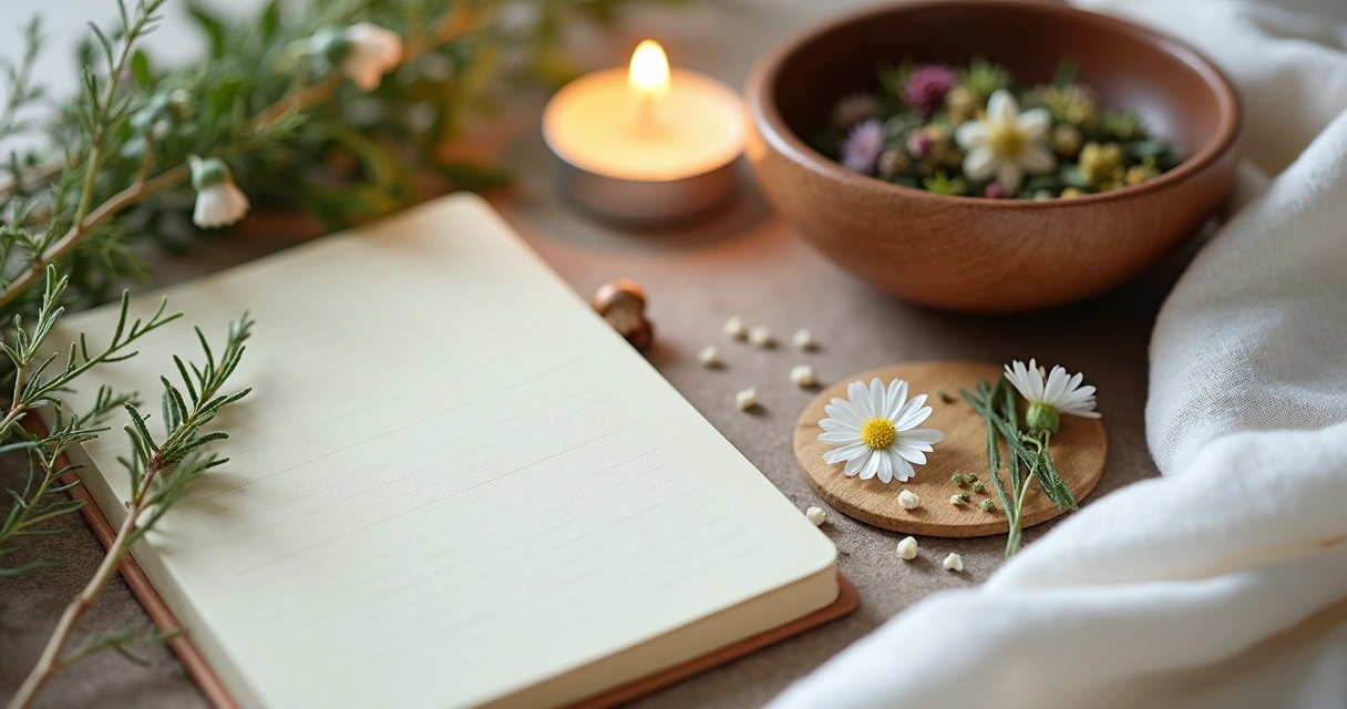 Caderno ao lado de tigela de ervas e vela para banho energético.