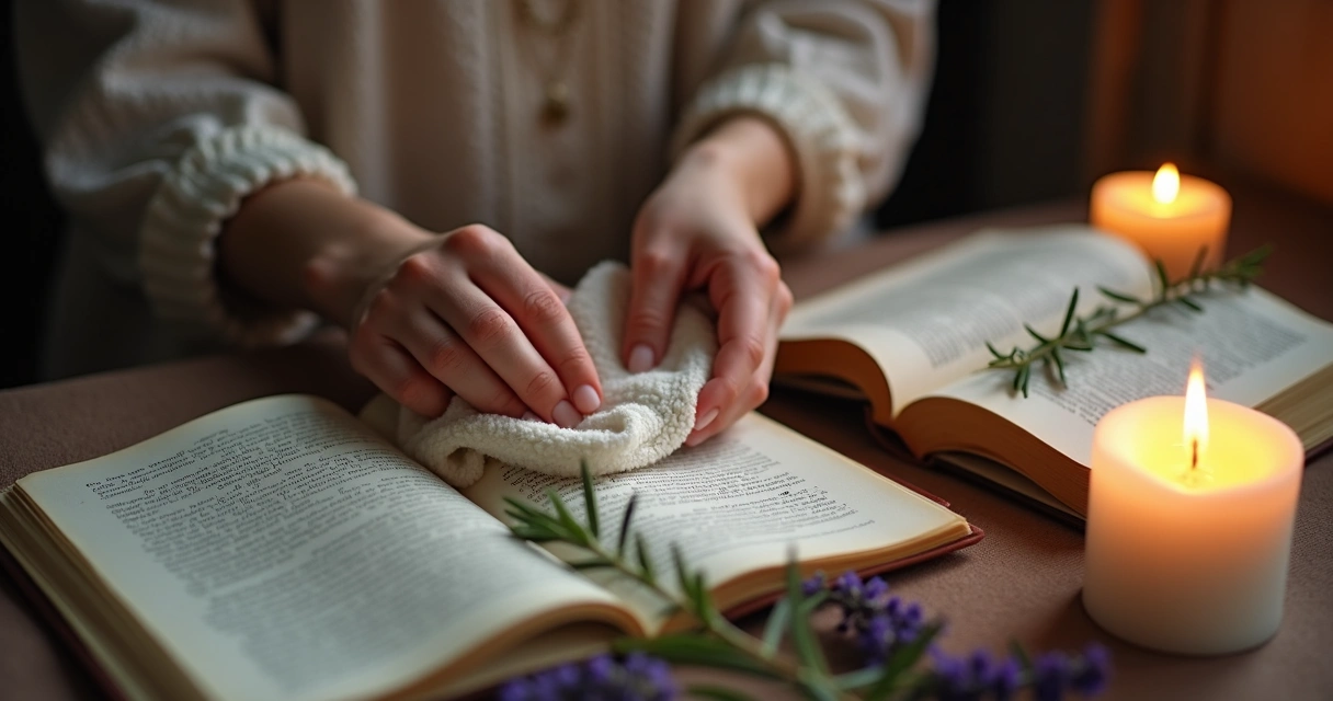 Ritual de banho energético em livro e caderno com ervas e vela branca 