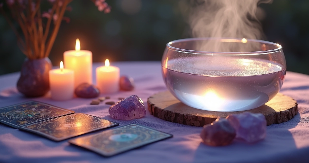 Velas acesas, cartas de tarot e cristais ao lado de uma bacia com água de banho energético. 
