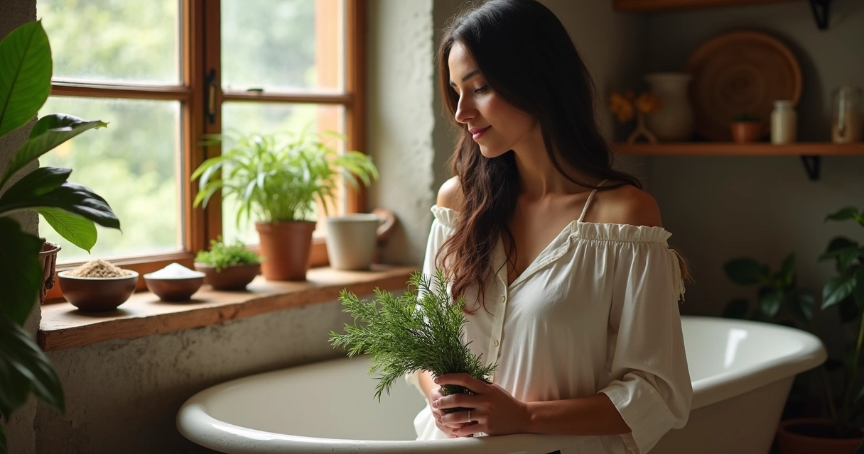 Pessoa preparando banho energético com ervas 