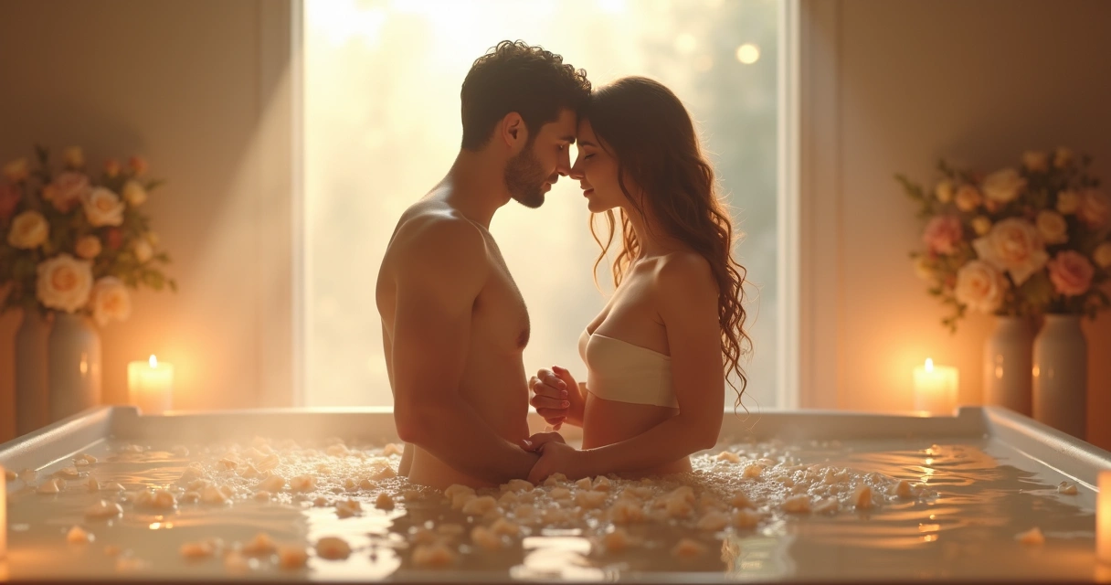 Casal tomando banho energético juntos com pétalas de rosas brancas ao redor 