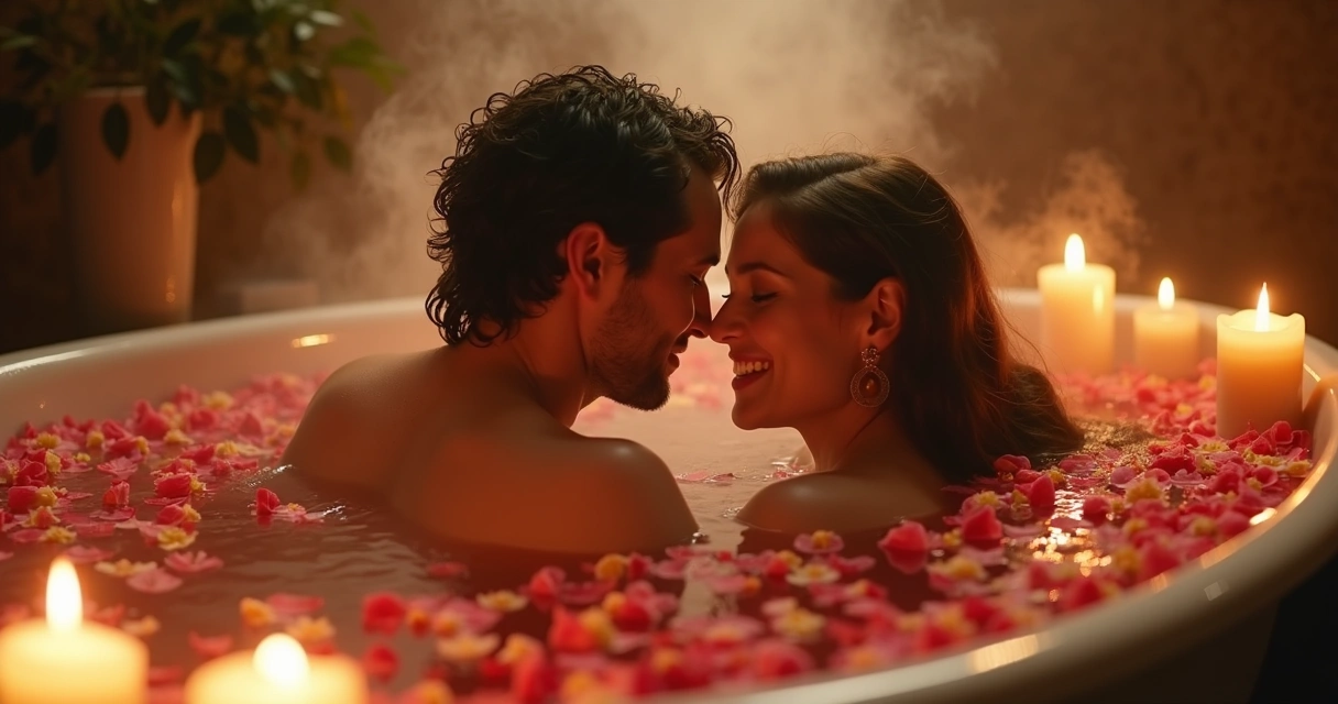 Casal sorrindo tomando banho de ervas em ambiente intimista 